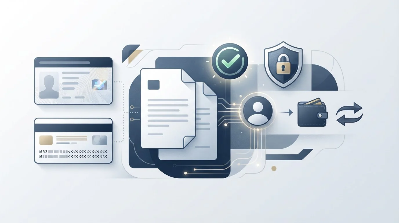 Illustrazione editoriale della verifica identità online con documento stilizzato, controllo di validità e protezione dei dati