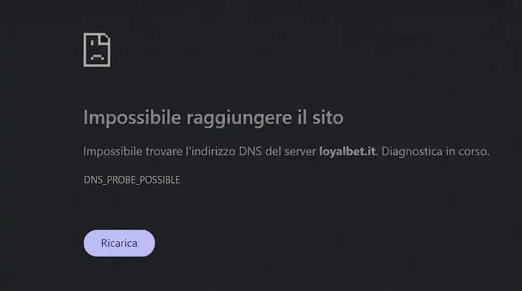 Pagina ufficiale Loyalbet o schermata ufficiale di transizione verso Vincitu usata per verificare lo stato operativo