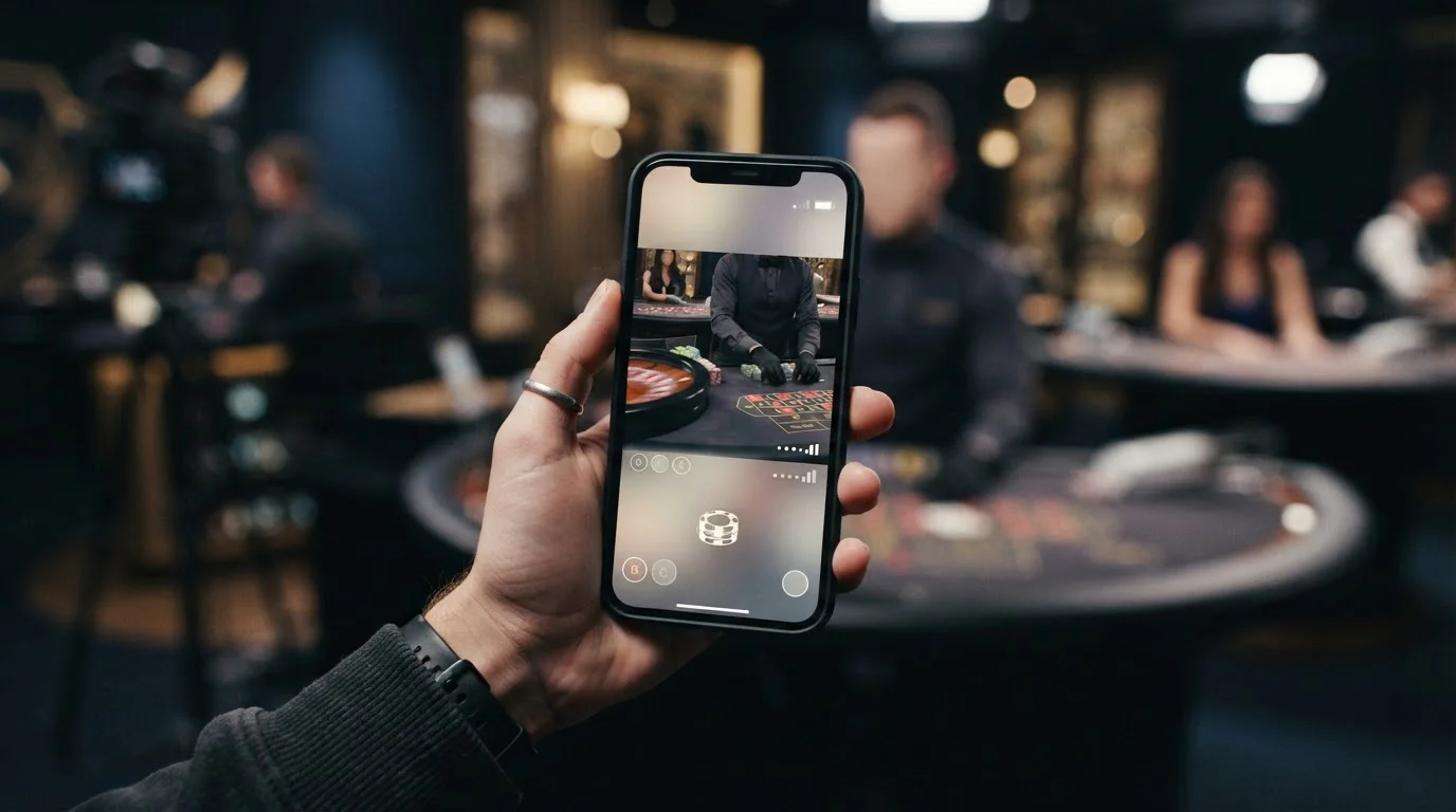 Tavolo da casino live generico visualizzato su uno smartphone senza marchi o dealer riconoscibili