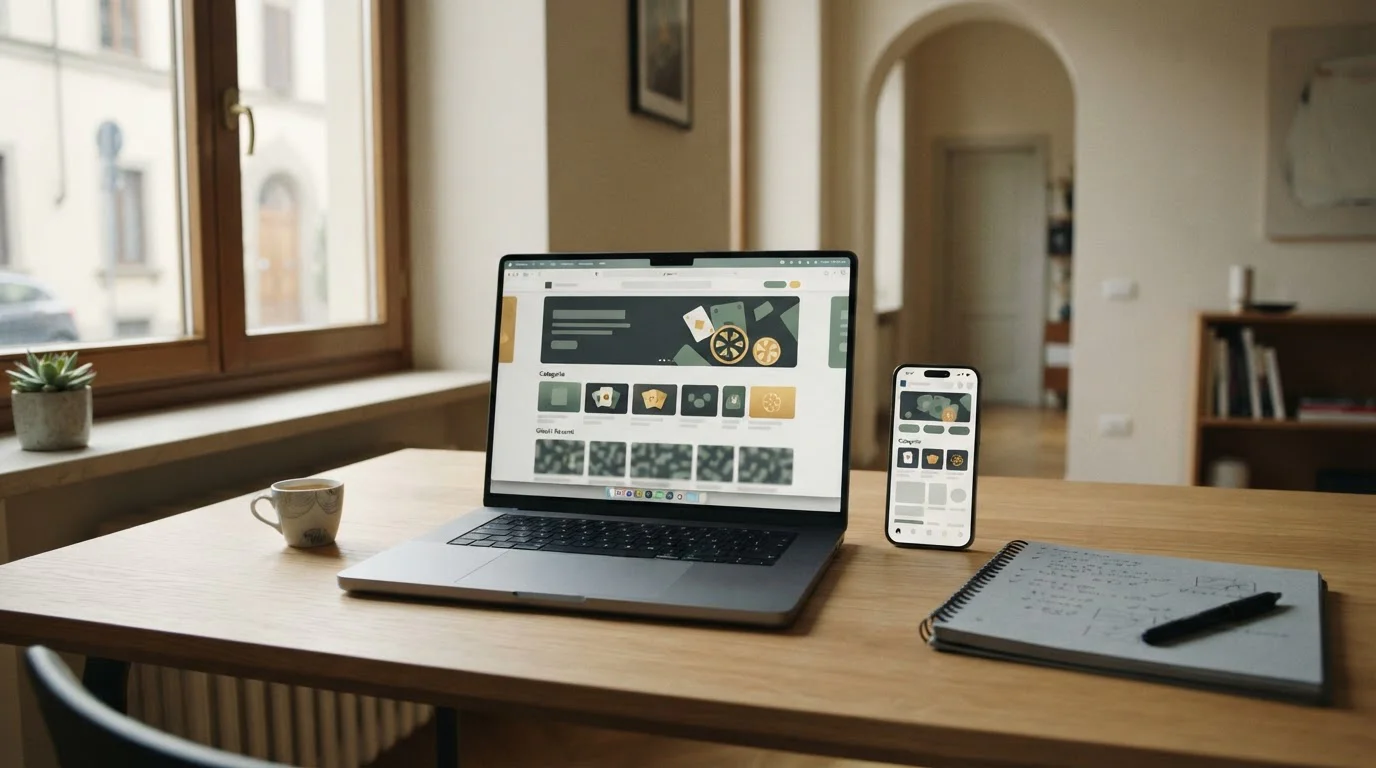 Illustrazione editoriale di un casinò online su laptop e smartphone senza loghi di marchio